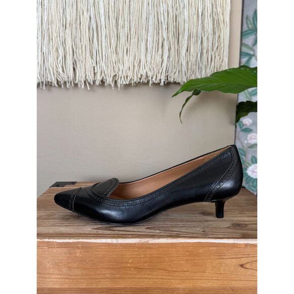 AERIN Pythian Black Genuine Leather Brogue Pointy Toe Kitten Heels  Pumps Size 9 - Picture 5 of 14